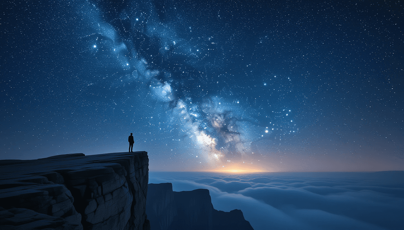 A lone figure stands on a jagged cliff edge under a star-filled night sky, the Milky Way stretching