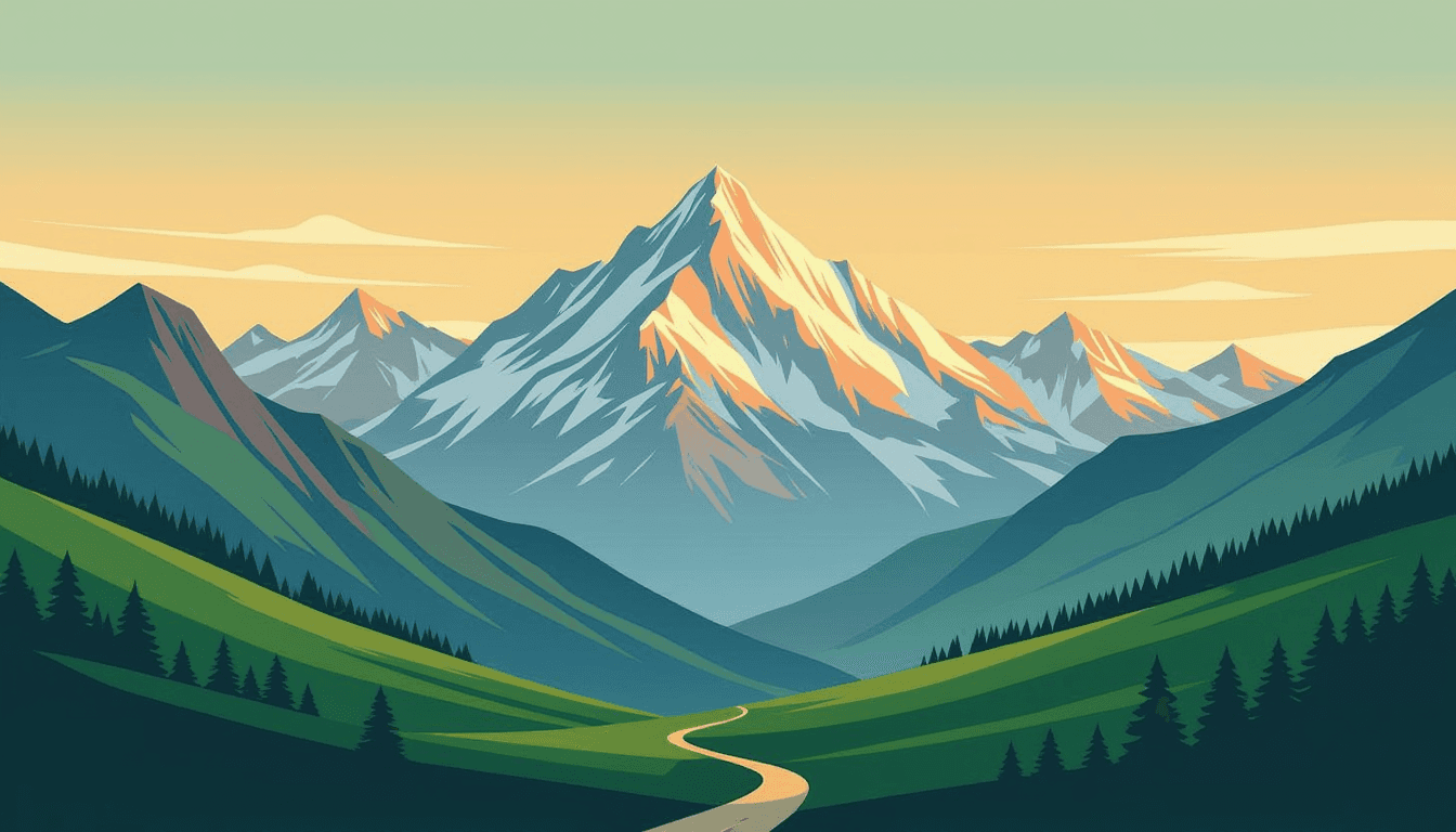 A majestic mountain peak bathed in golden light overlooks a serene, winding valley, with a subtle em