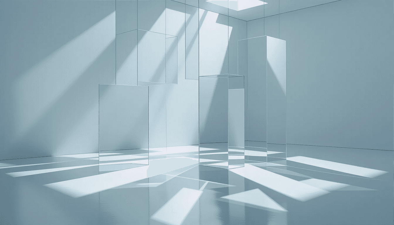 Sunlight filters through layered translucent acrylic planes suspended in a stark white studio, casti
