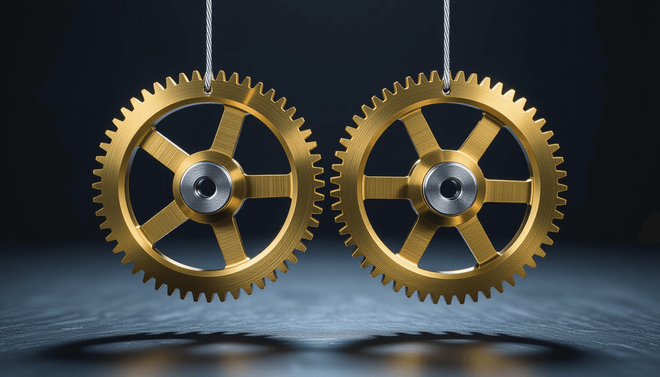Brass gears interlock in slow motion, suspended by tension wires against a dark studio backdrop. Sha