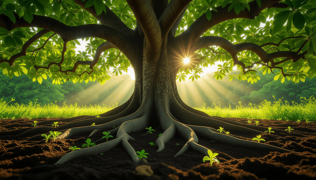 Golden hour light filters through a dense, sprawling fig tree canopy, casting dappled shadows on thi