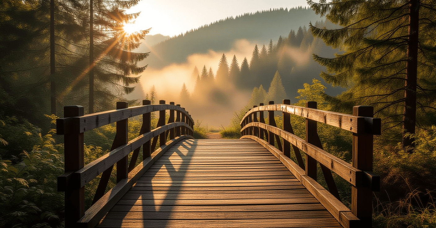 A rustic wooden footbridge spans a misty forest ravine at golden hour, its path inviting the viewer