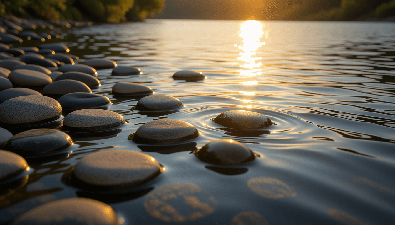 Golden hour light glints off a serene, wide river where smooth stones create gentle ripples, symboli