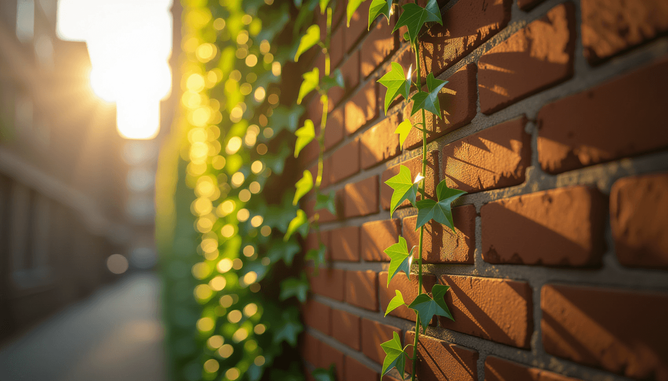 Sunlight filters through a dense canopy of ivy climbing a weathered brick wall, highlighting fresh g