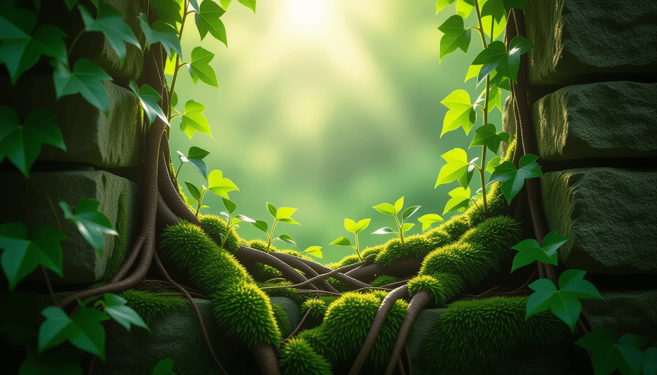 Sunlight filters through a dense, vibrant canopy of climbing ivy, highlighting fresh green shoots em