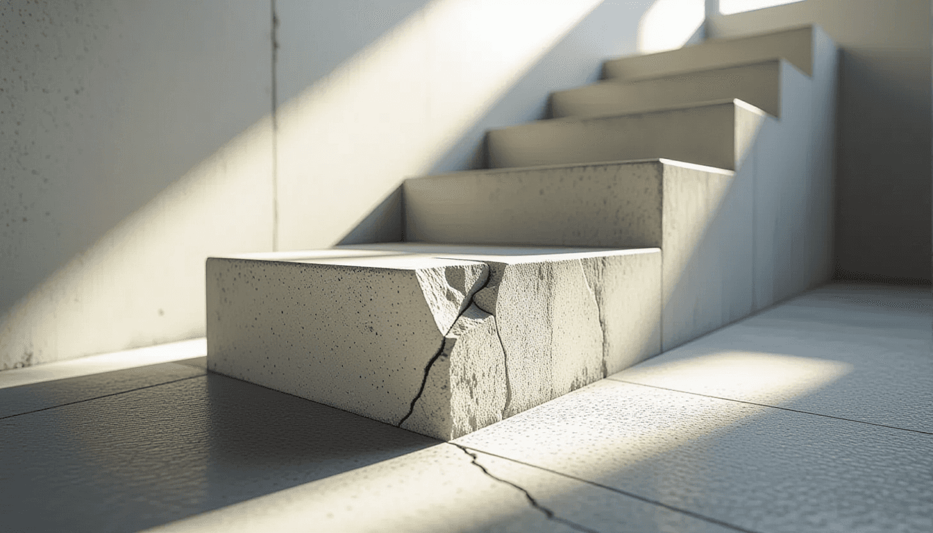 A low-angle shot of a brutalist concrete staircase, where one step is visibly cracked and eroded aga