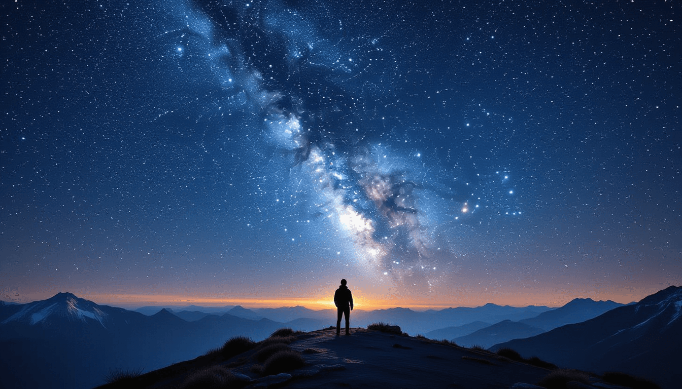 A lone astronomer stands on a windswept Andean ridge, silhouetted against the Milky Way’s dense star