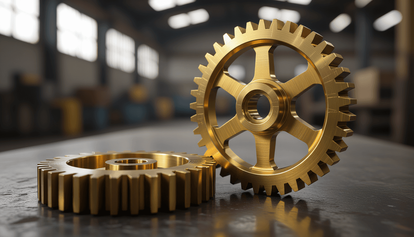 A macro shot of interlocking brass gears, one tooth disengaged and suspended in mid-motion against a
