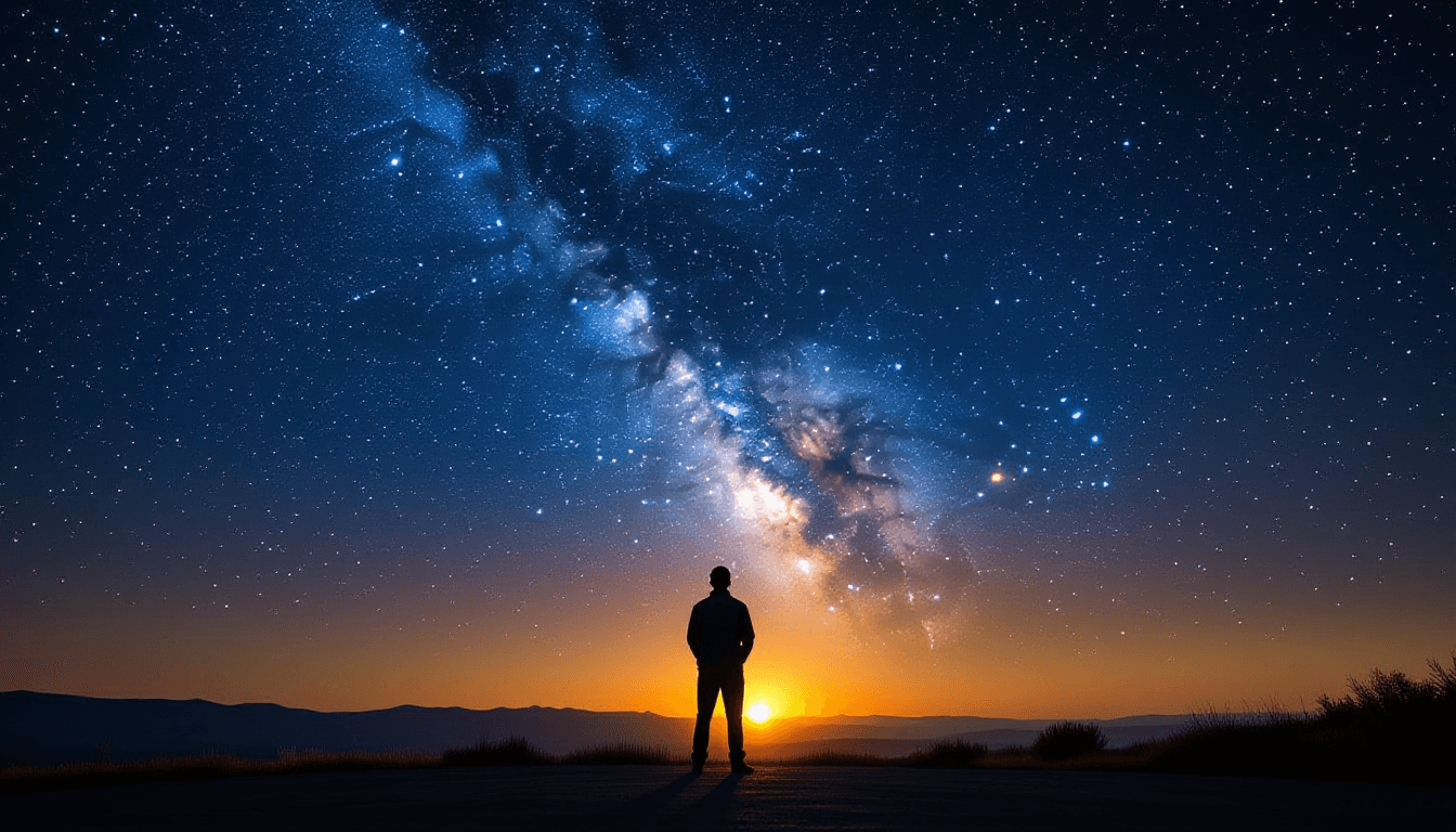 A lone engineer stands silhouetted against a vast, star-dusted night sky, the Milky Way arching over