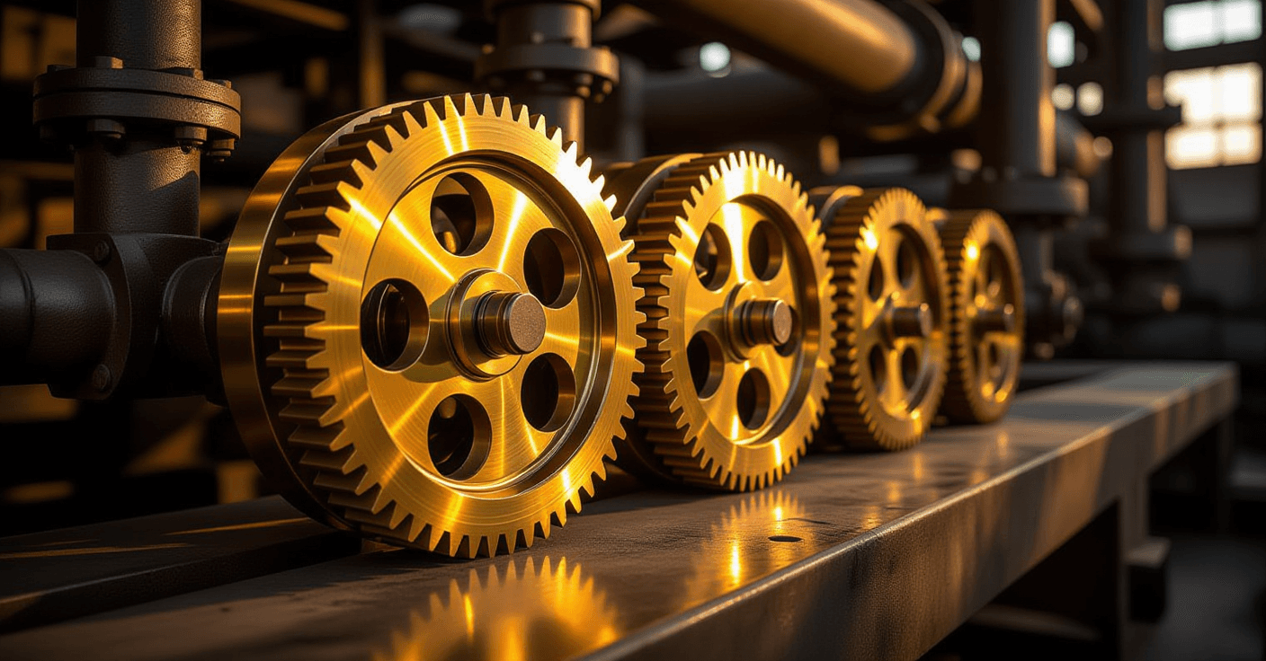 Golden hour sunlight catches the polished brass teeth of interlocking gears in motion, their kinetic