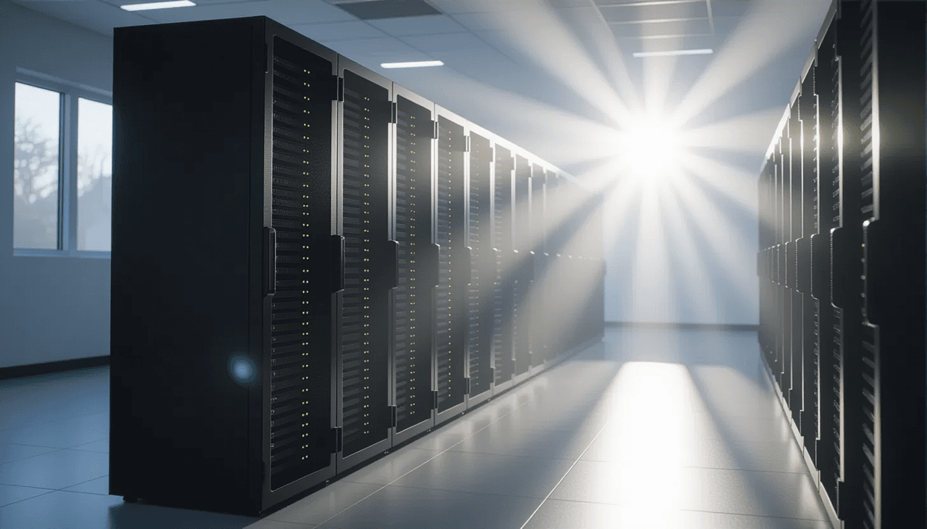 Sunlight pierces through morning fog in a modern server room, casting tangible beams across rows of