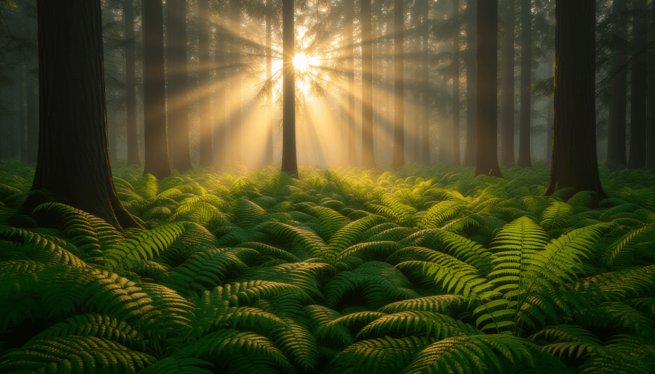 Golden hour light pierces through dense morning fog in a quiet forest, illuminating dew-covered fern