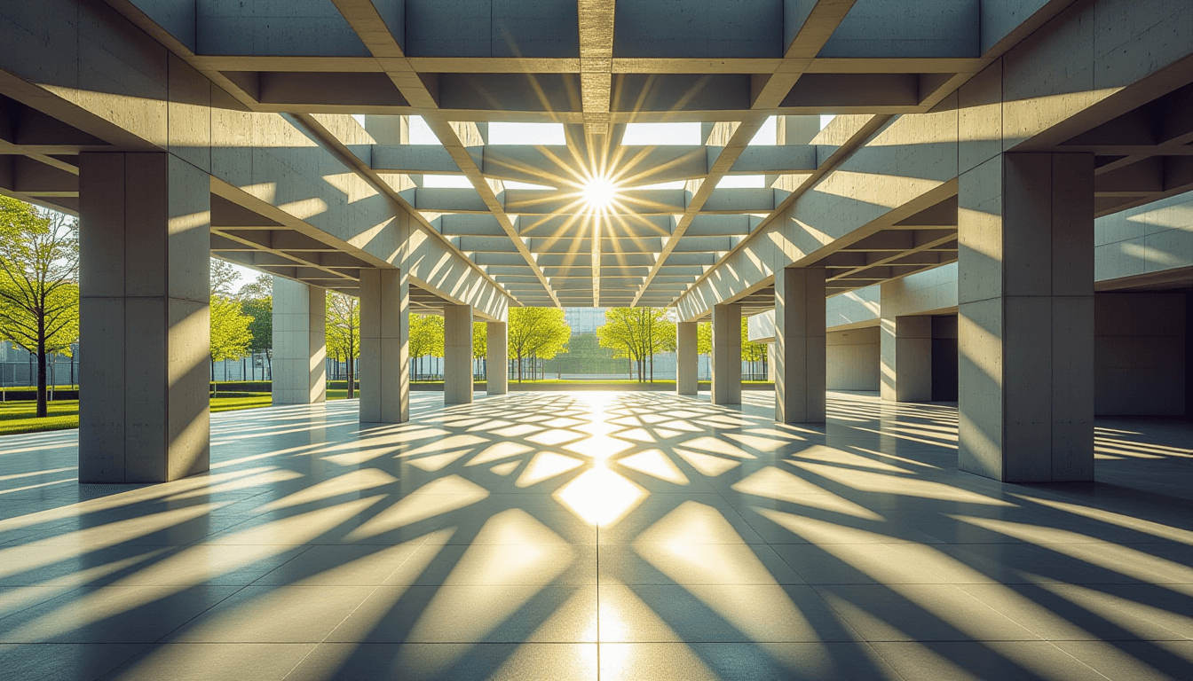 Sunlight pierces through the geometric lattice of a modern concrete pavilion, casting sharp, interse