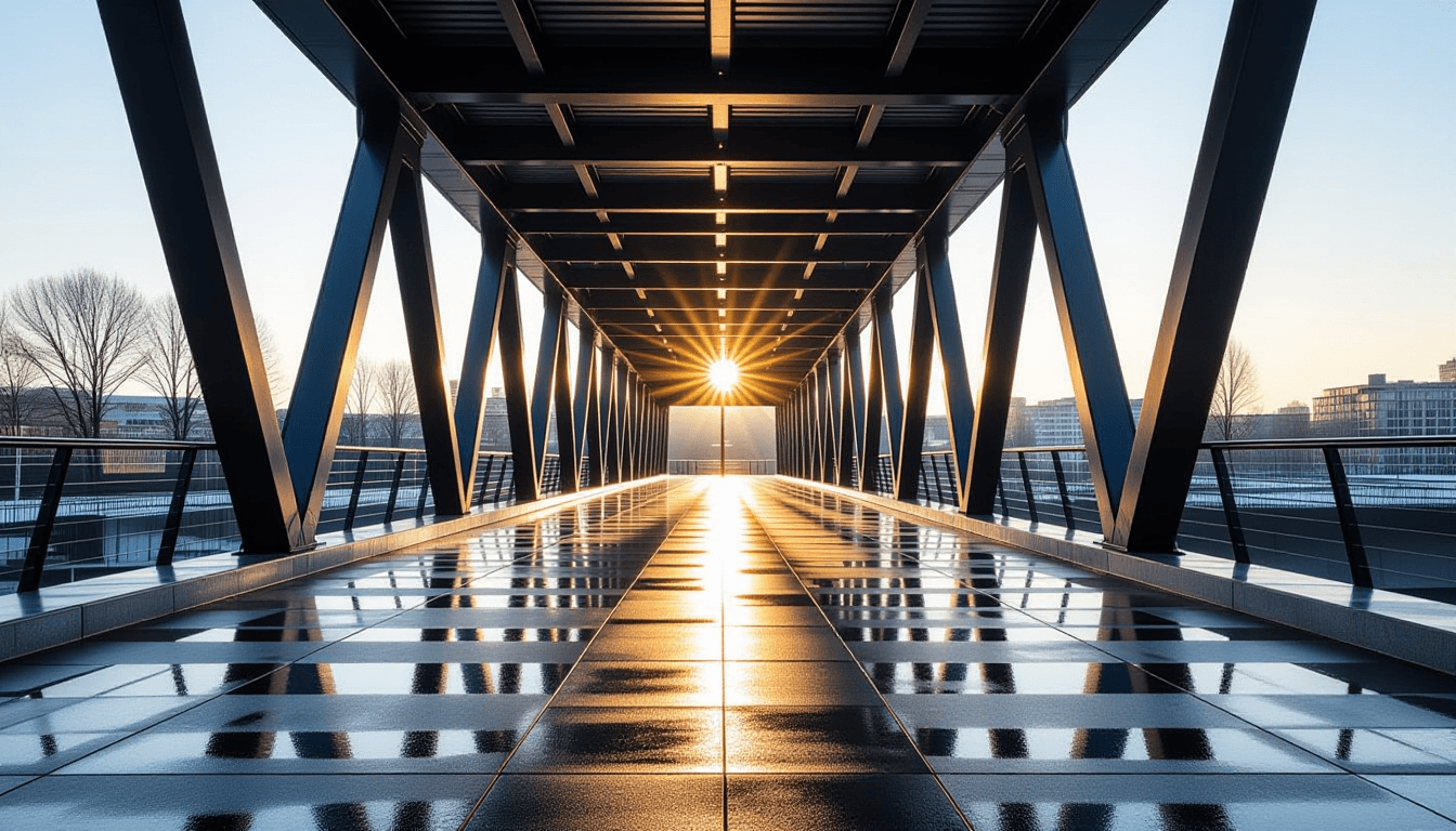 Sunlight streams through the steel ribs of a suspended pedestrian bridge, casting sharp geometric sh
