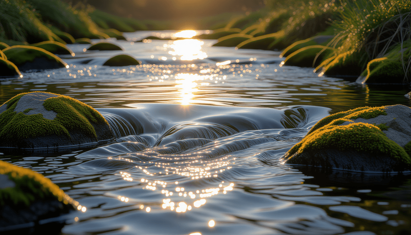 Golden hour light glints off a slow-moving river, its surface rippling past smooth, moss-covered sto