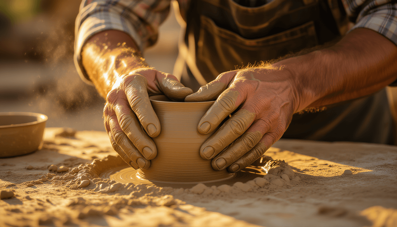 Golden hour light catches fine dust motes as calloused hands press wet clay into a mold, emphasizing