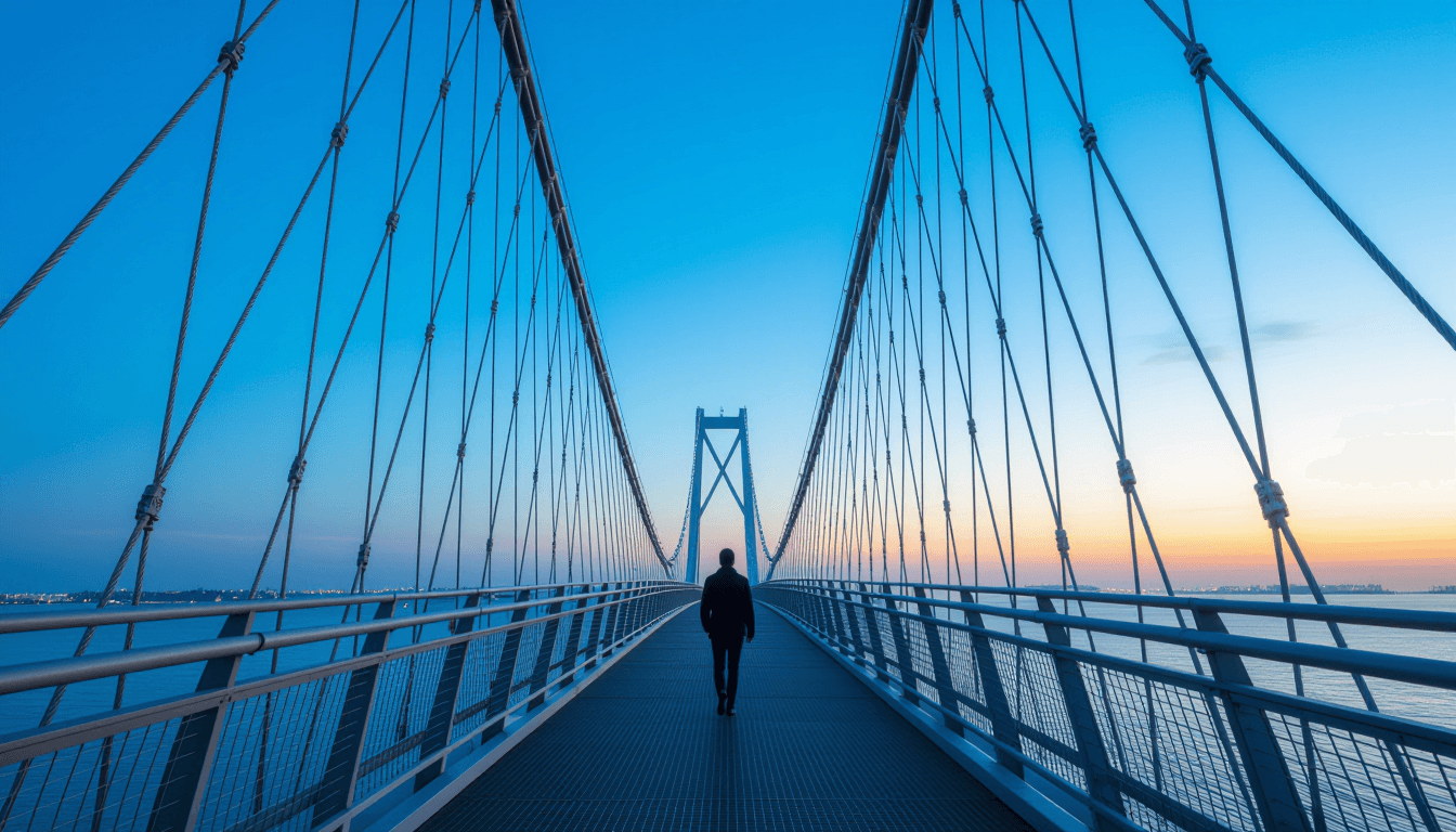 A lone figure crosses a steel suspension bridge at twilight, the rigid geometric cables framing the