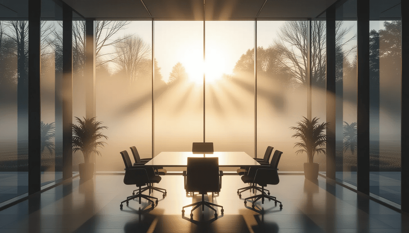 Morning fog clings to a glass-walled conference room, pierced by sharp, volumetric beams of dawn lig