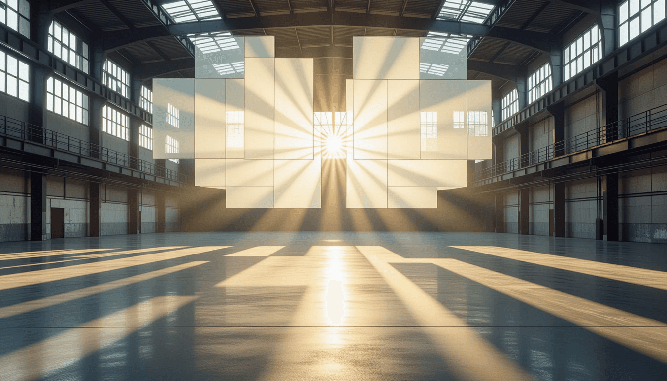 Sunlight pierces through layered, translucent geometric panels suspended in a vast, empty industrial