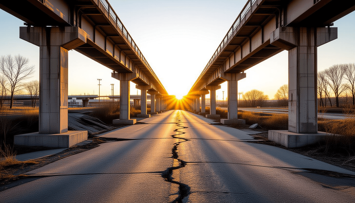 Golden hour light strikes the jagged, unfinished steel ribs of a collapsed bridge span, casting long