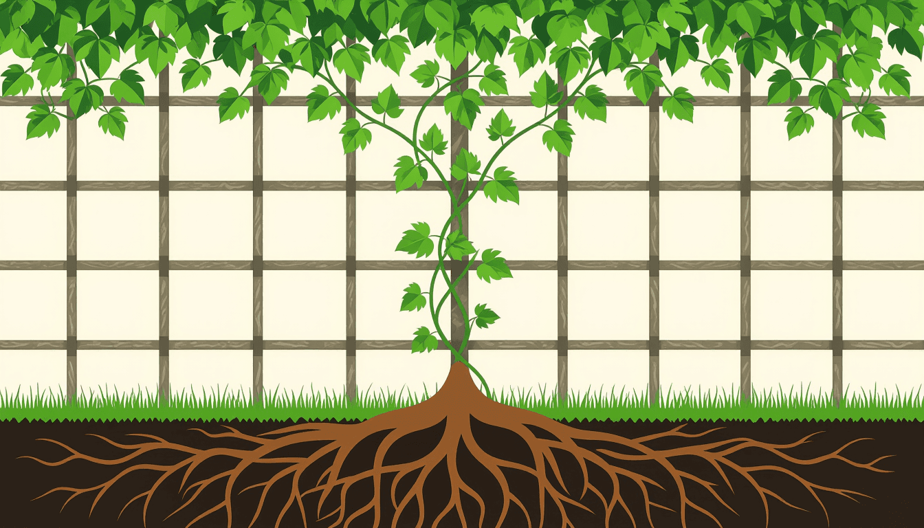 A delicate hand-tended vine climbs a structured trellis, while wild, tangled roots spread autonomous