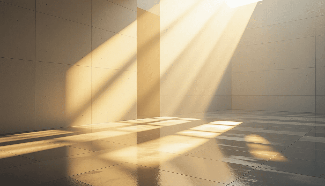 Golden hour light fractures through a cascade of layered translucent planes, casting sharp, tessella
