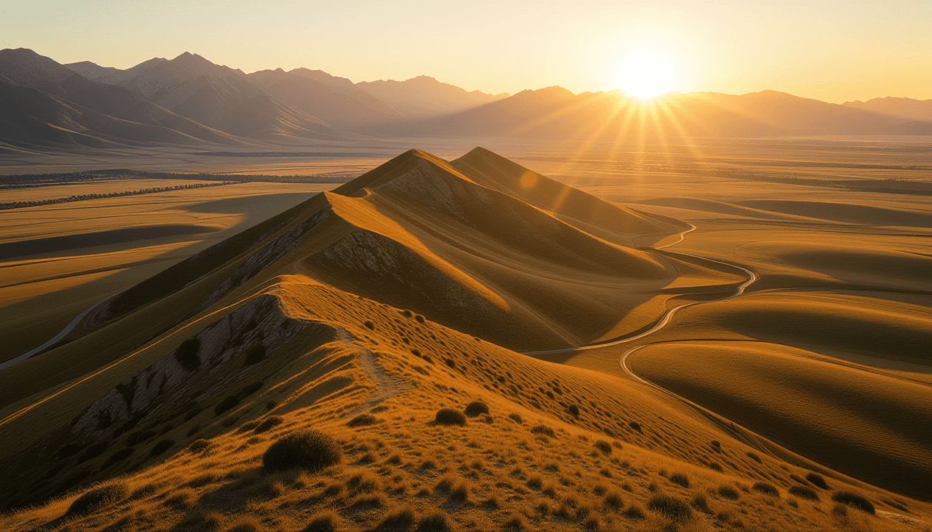Golden hour light washes over a vast valley floor, where three distinct ridges rise like natural lev
