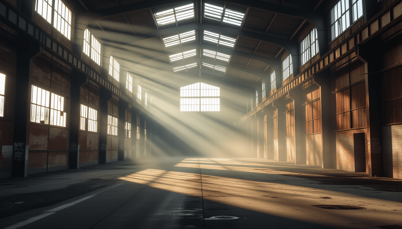 Morning fog clings to a rusted industrial warehouse, pierced by sharp, dusty sunbeams that reveal no