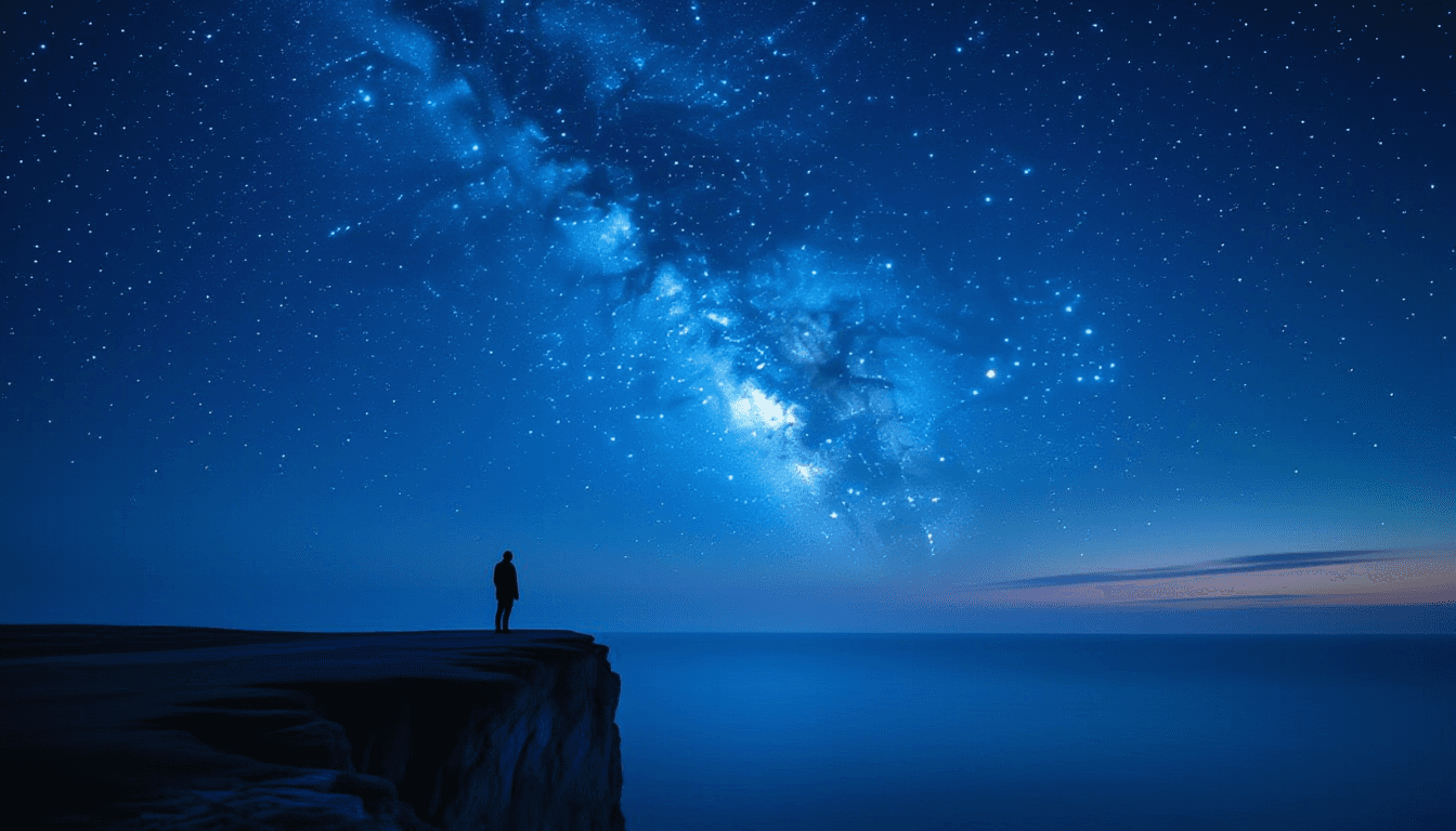 A solitary figure stands on a windswept cliff edge at twilight, silhouetted against a vast, star-str