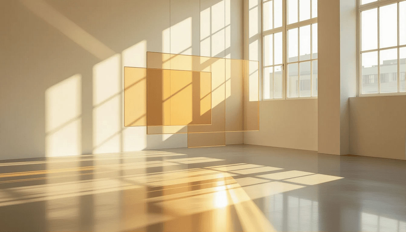 Golden hour light filters through layered translucent acrylic planes suspended in a minimalist studi