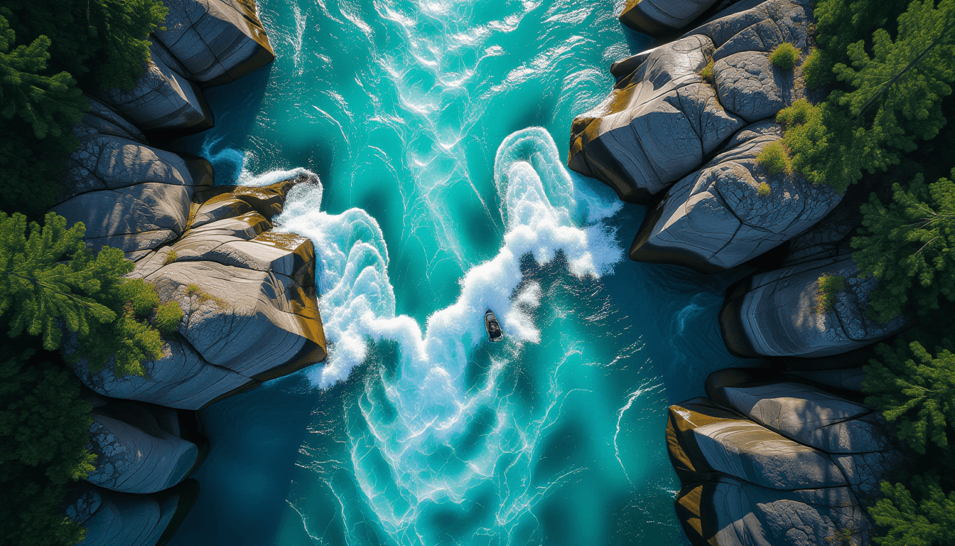 Sunlight fractures across the turquoise surface of a rushing river, captured from a drone’s eye view
