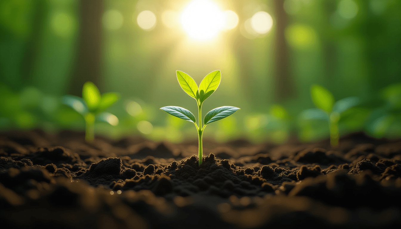 Sunlight filters through a dense forest canopy, illuminating a single vibrant green shoot emerging f