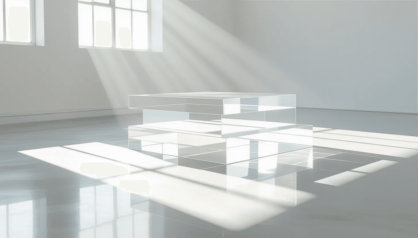 Sunlight cuts through stacked translucent acrylic slabs in a stark white studio, creating sharp geom