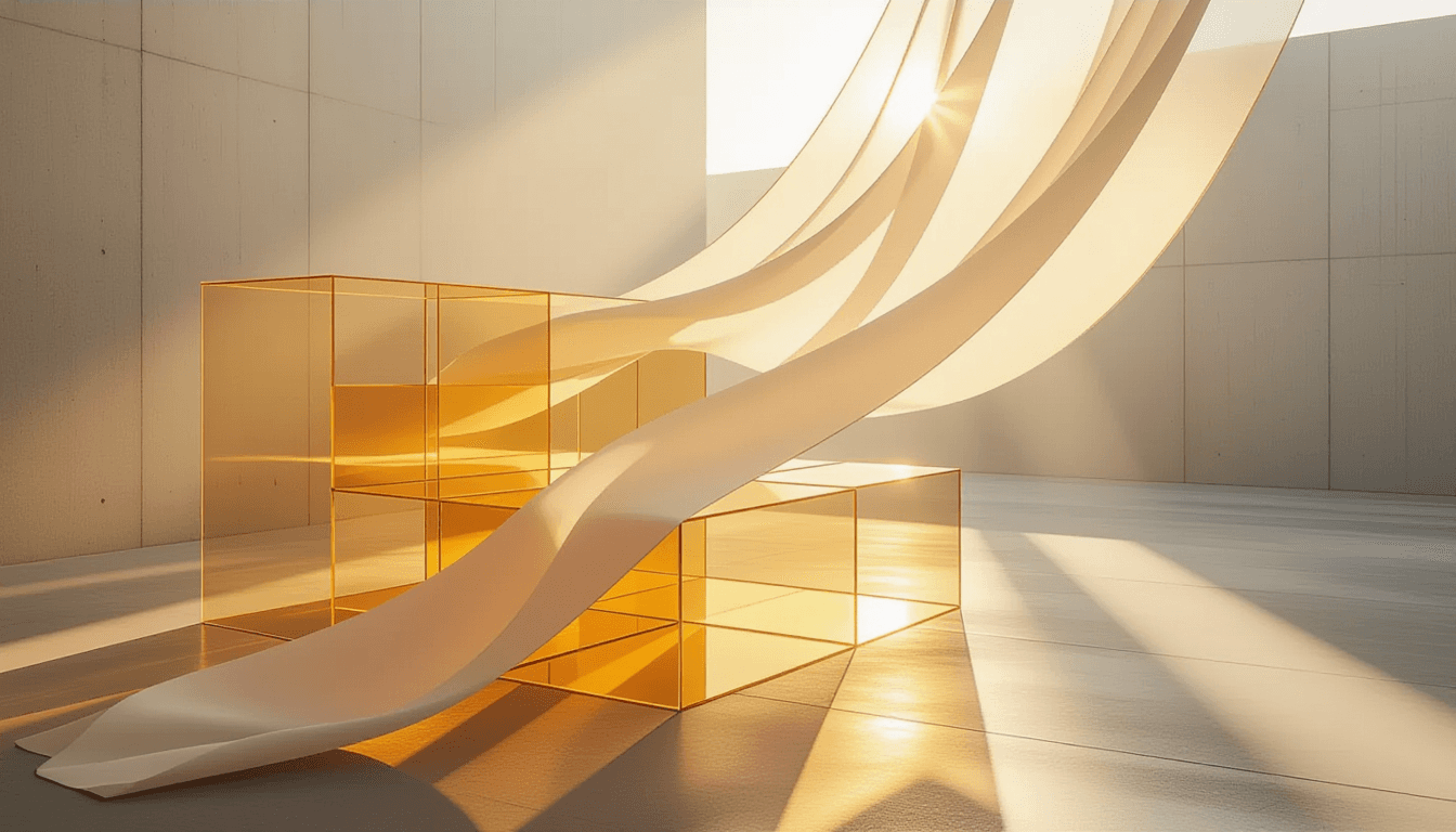 Golden hour light filters through stacked, translucent acrylic planes arranged in a tessellated patt