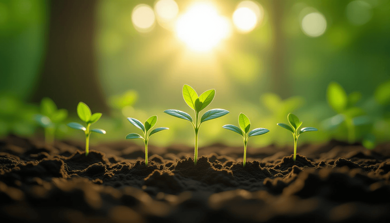 Sunlight filters through a dense, mature tree canopy, illuminating a cluster of delicate seedlings p