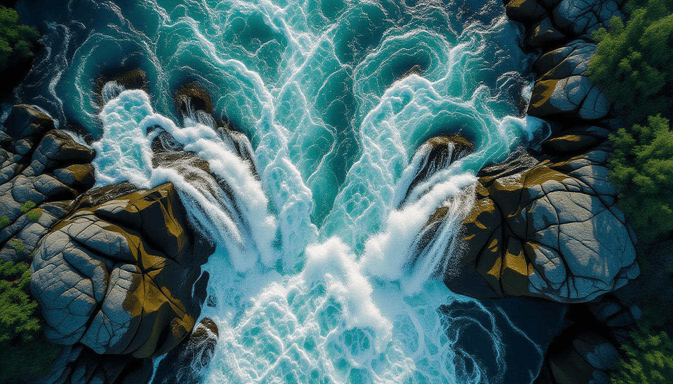 Overhead drone shot of a turbulent river churning around smooth, dark rocks, capturing the chaotic s