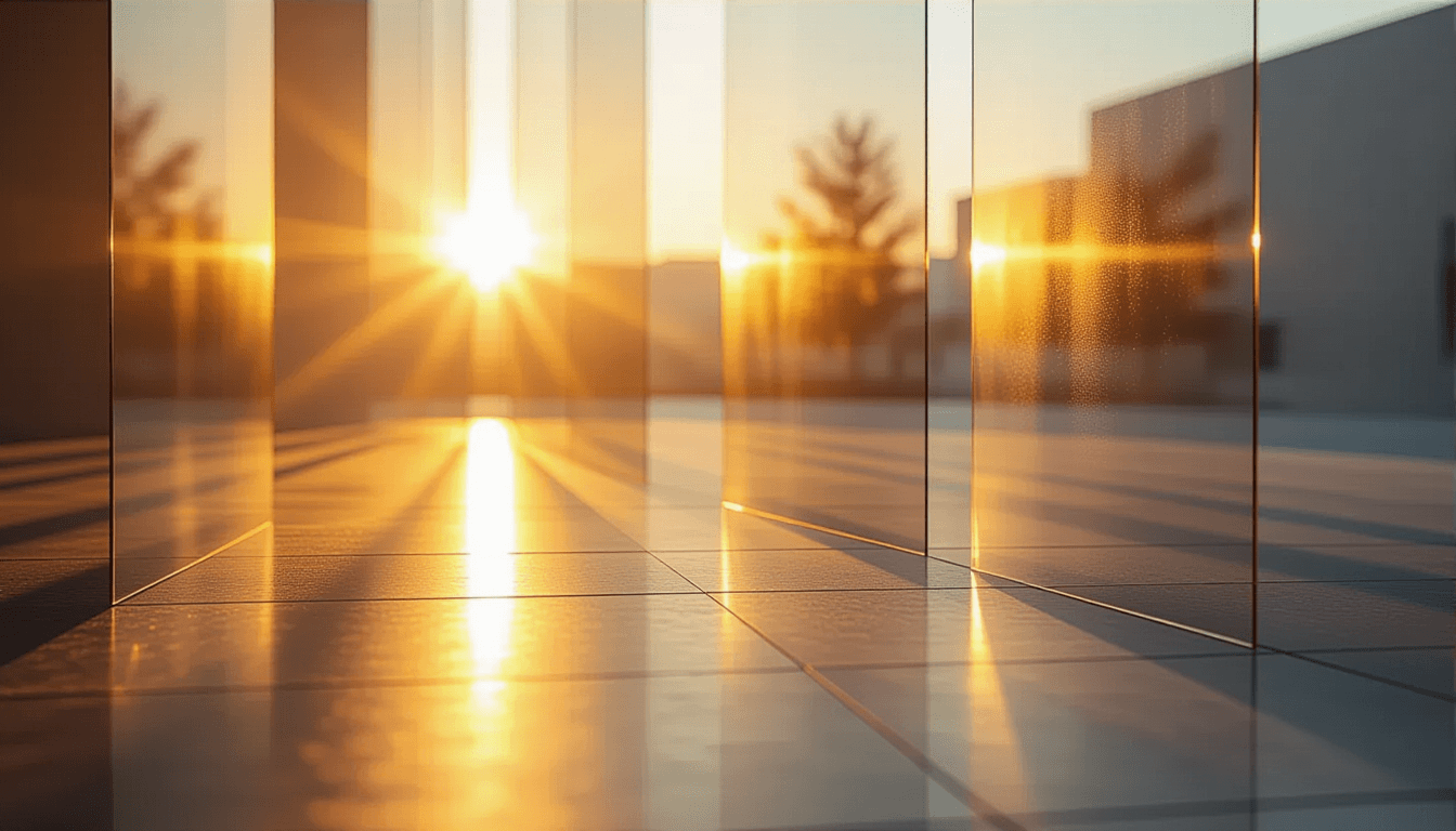 Golden hour light fractures through layered translucent acrylic planes, casting sharp tessellated sh