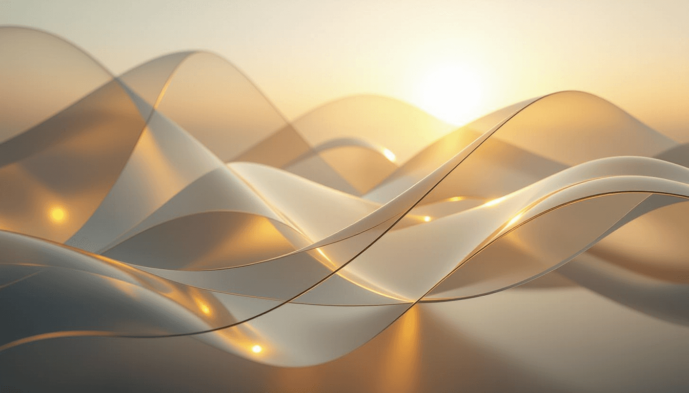 Translucent geometric planes float in a sunlit void, connected by flowing glass ribbons that catch t
