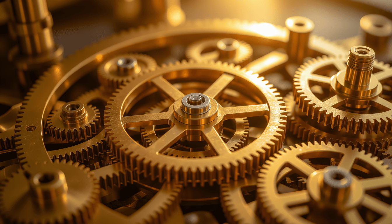 Golden hour light glints off polished brass gears in a silent, industrial clockwork sculpture, the s