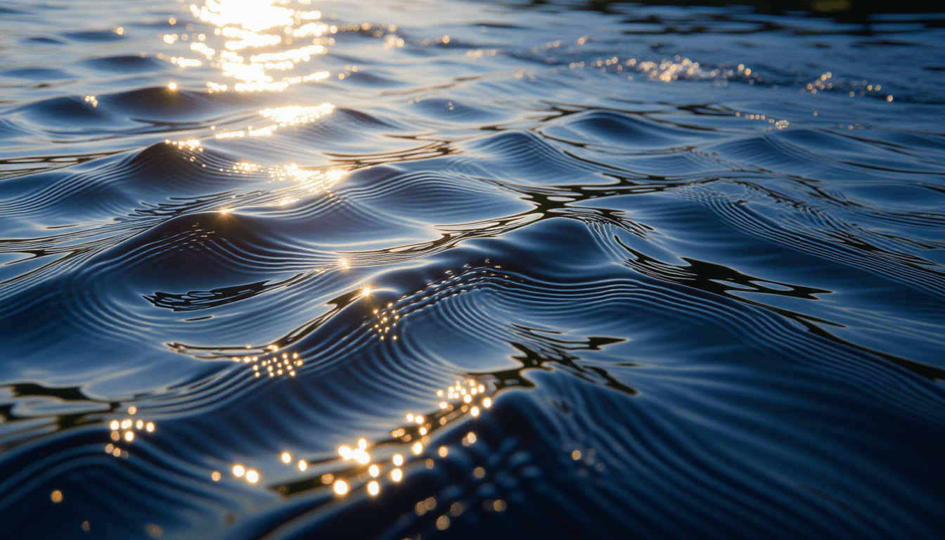 Sunlight glints off a fast-moving river’s surface, where distinct eddies and smooth laminar flows cr