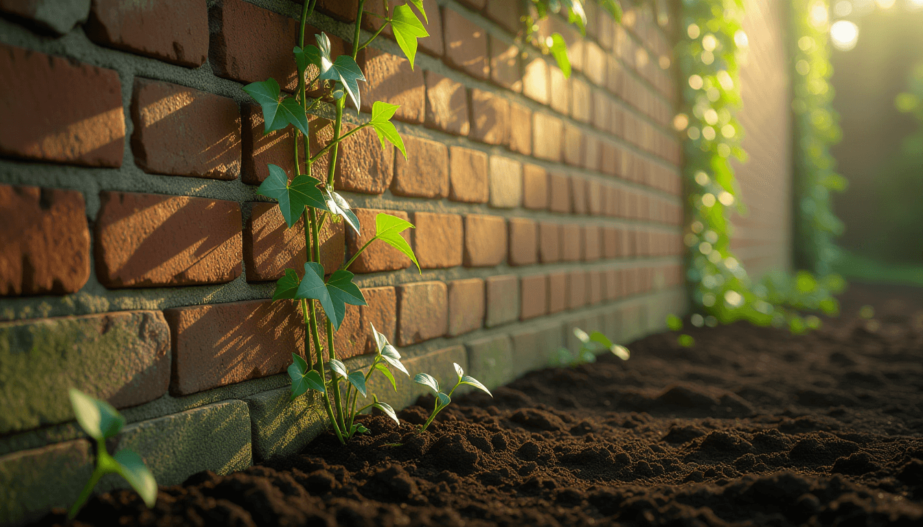 Early morning light filters through dense ivy climbing a weathered brick wall, highlighting fresh gr