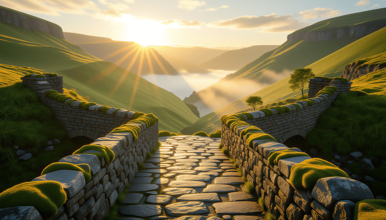 A narrow, moss-dusted stone bridge spans a deep, misty gorge, leading toward a sunlit valley under t