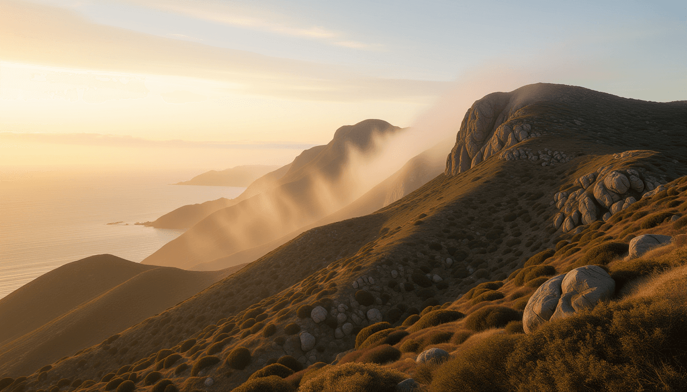 Mist clings to the rugged, unfinished slopes of a coastal mountain range at golden hour, where soft