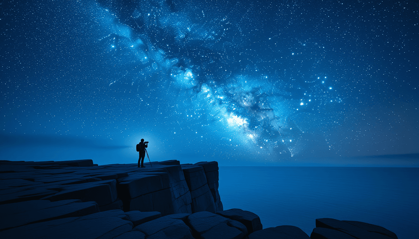 A lone photographer stands on a jagged basalt cliff, tiny against a vast, star-filled night sky, cap
