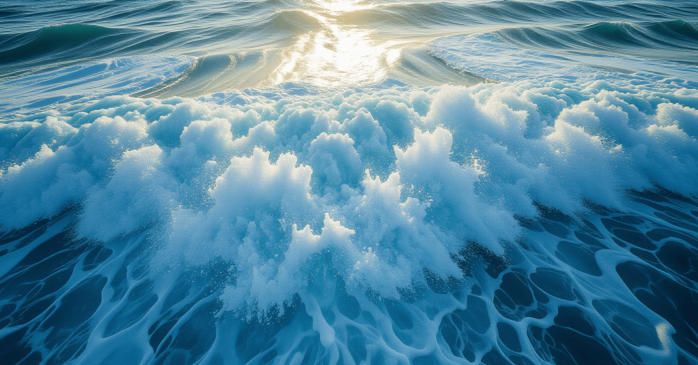Sunlight catches the churning white foam of a tidal race, captured from a high-angle drone view usin
