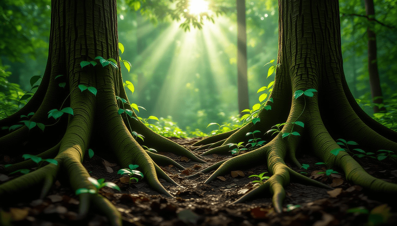 Sunlight filters through a dense forest canopy, illuminating vibrant green vines twisting around stu