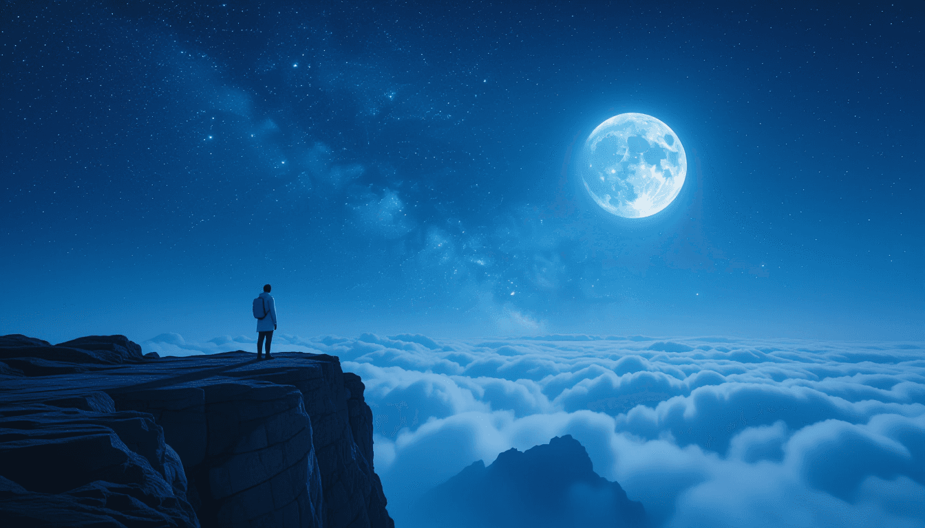 A lone researcher stands on a rocky cliff edge, silhouetted against a vast, star-filled night sky, e