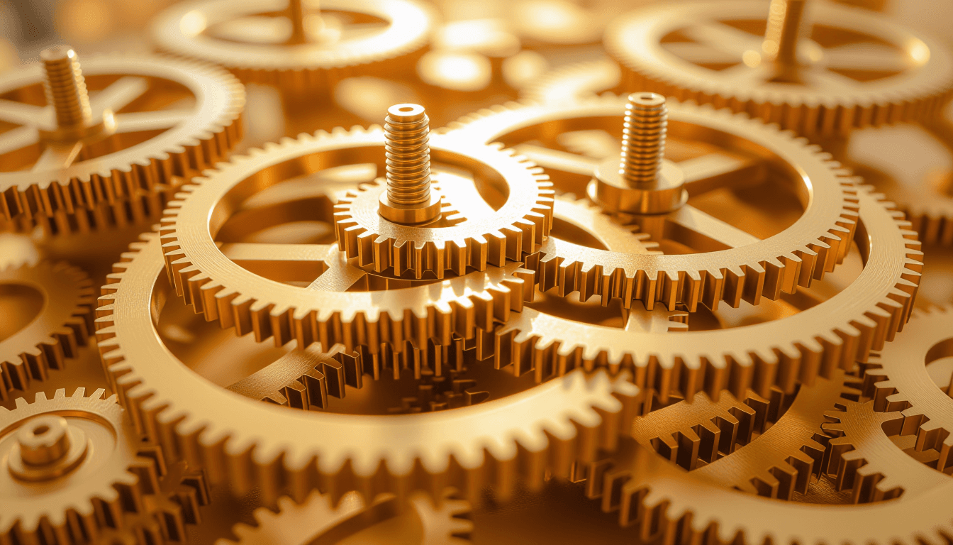 Overcast light glints off interlocking brass gears in a kinetic sculpture, capturing the blurred mot