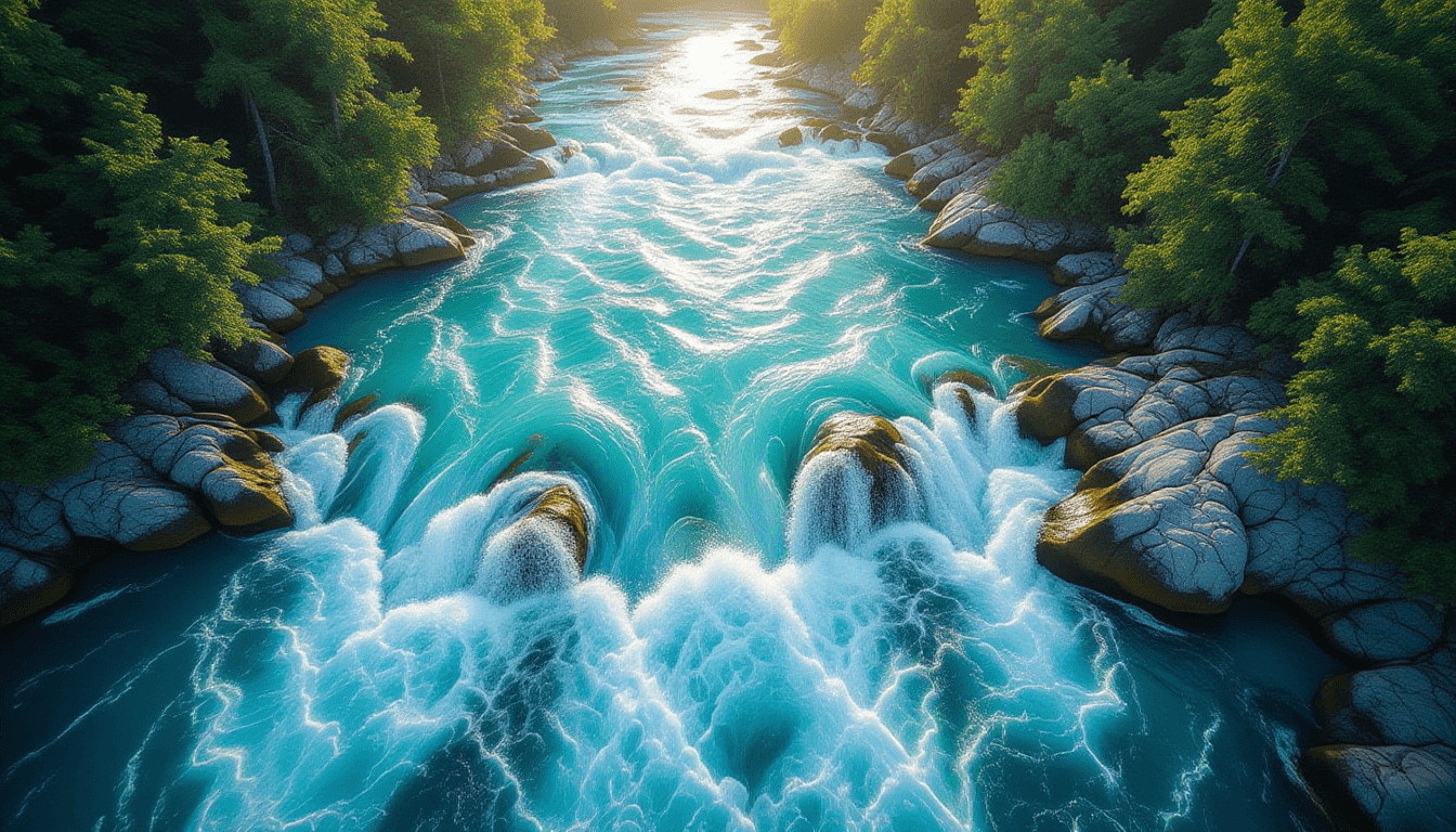 Sunlight pierces the turquoise surface of a rushing river, capturing the chaotic yet rhythmic flow o