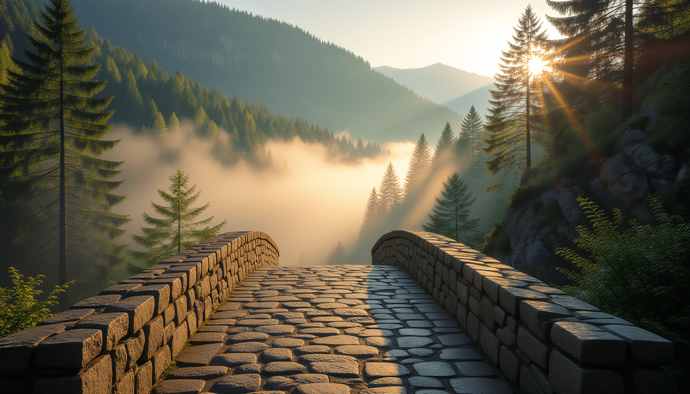 A rugged stone bridge spans a misty forest chasm, leading toward a distant, sunlit mountain pass. Go
